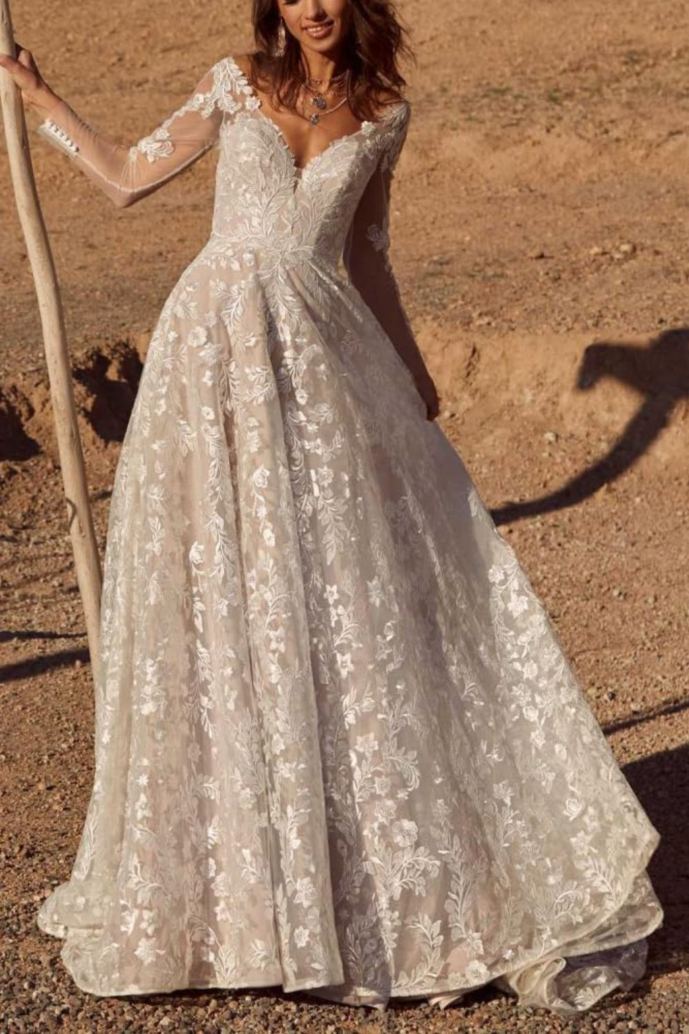 Boho Long Sleeves A-line Wedding Dress with Lace Applique From 27dress