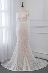 Boho Off-the-Shoulder Champagne Wedding Dresses Long Sleeves Mermaid Appliques Bridal Gowns-27dress