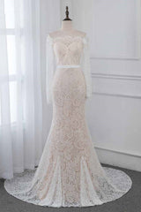 Boho Off-the-Shoulder Champagne Wedding Dresses Long Sleeves Mermaid Appliques Bridal Gowns-27dress