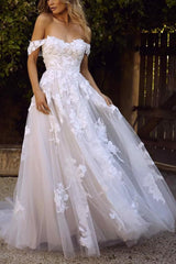 Boho Off-the-Shoulder Lace A-line Long Wedding Dress-27dress