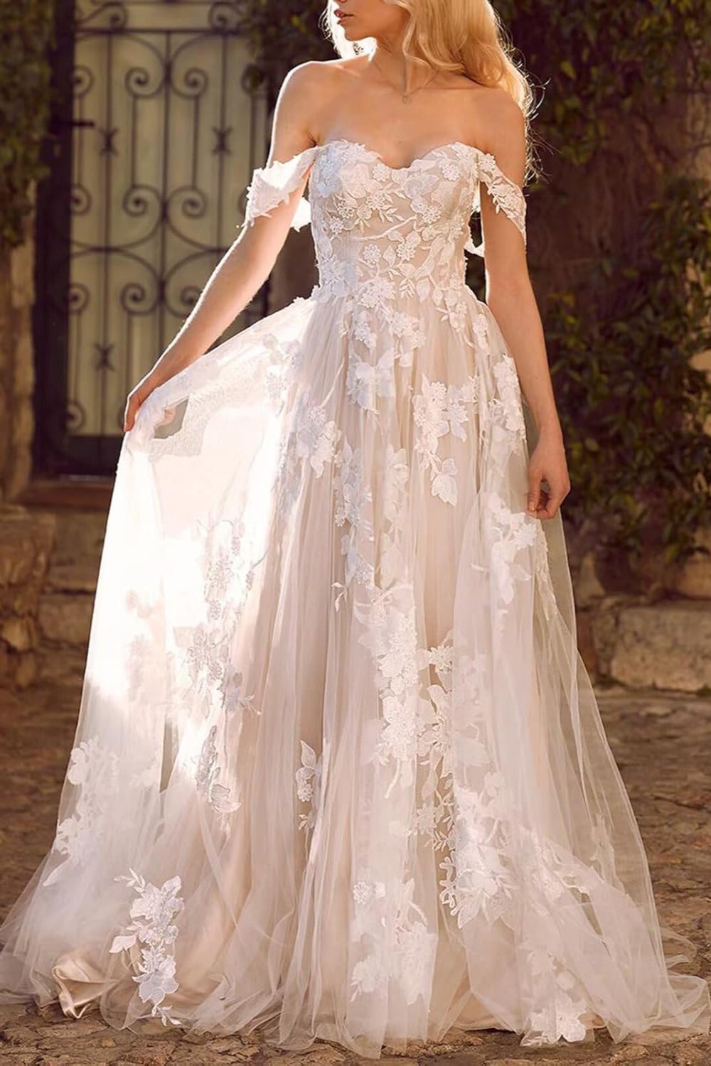 Boho Off-the-Shoulder Lace A-line Long Wedding Dress-27dress