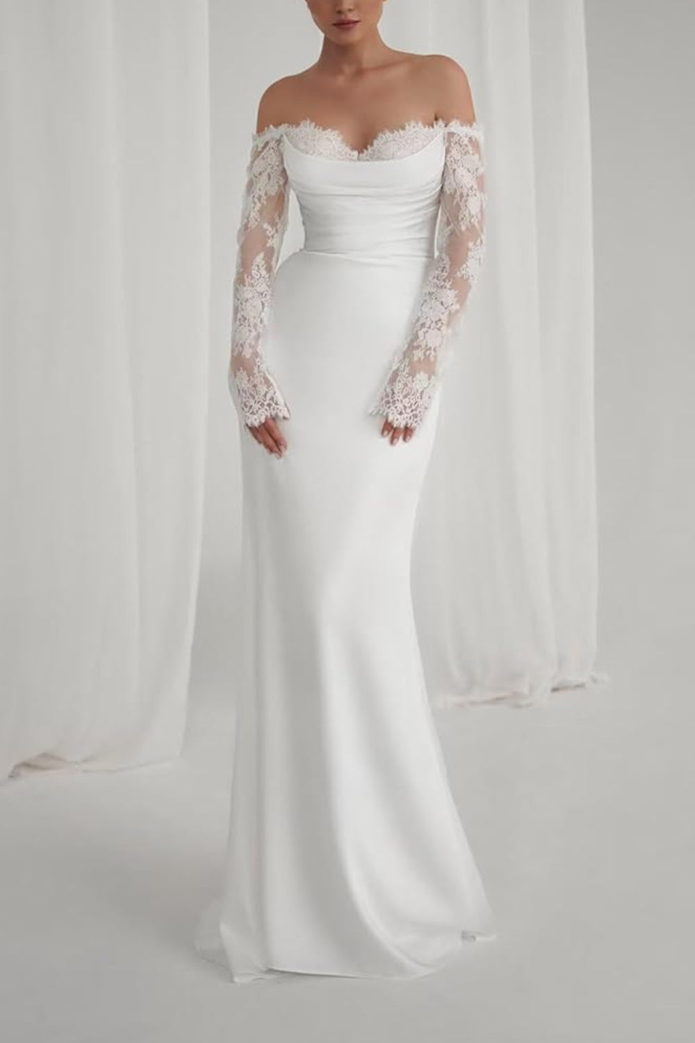 Boho Off-the-Shoulder Long Sleeves Lace Mermaid Wedding Dress-27dress