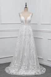 Boho Spaghetti Straps V-Neck Appliques Wedding Dresses White Sleeveless Bridal Gowns On Sale-27dress