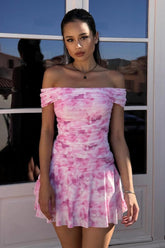 27dress off shoulder pink tie dye ruched mini dress on model ideal for Homecoming Dresses events