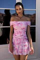 27dress off shoulder pink tie dye ruched mini dress on model ideal for Homecoming Dresses events
