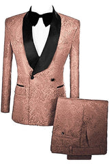 Double Breasted Jacquard Brown Wedding Suits With Velvet Lapel