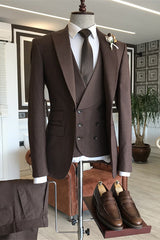 Peaked Lapel Three Pieces Brown Business Suits