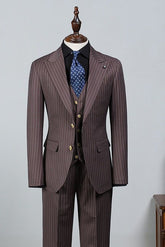 Brown Striped Peaked Lapel Slim Fit Business Suit