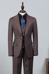 Brown Striped Peaked Lapel Slim Fit Business Suit