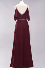 Burgundy Cold-shoulder Long Bridesmaid Dress With Half Sleeve-27dress