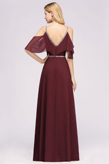 Burgundy Cold-shoulder Long Bridesmaid Dress With Half Sleeve-27dress