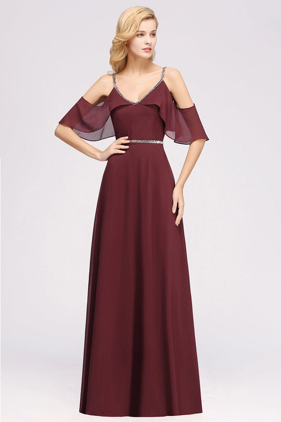 Burgundy Cold-shoulder Long Bridesmaid Dress With Half Sleeve-27dress