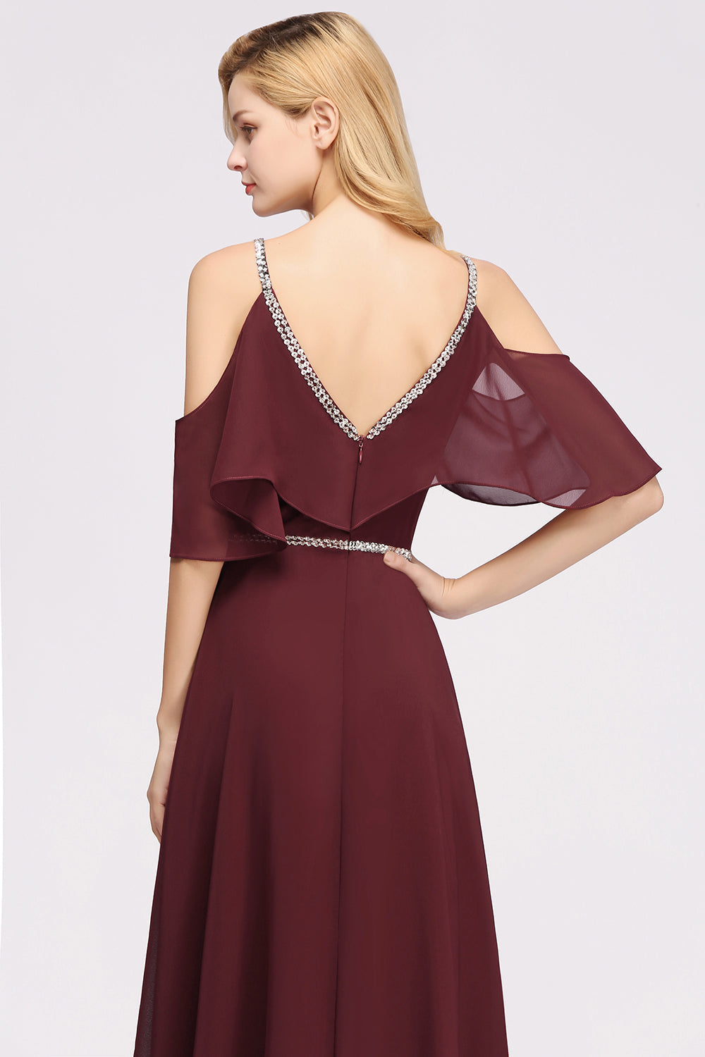Burgundy Cold-shoulder Long Bridesmaid Dress With Half Sleeve-27dress