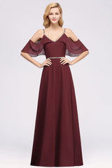 Burgundy Cold-shoulder Long Bridesmaid Dress With Half Sleeve-27dress
