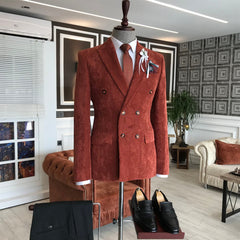 Corduroy Peaked Lapel Double Breasted Burgundy Prom Suits