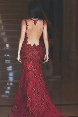 Burgundy Lace Applique Mermaid Evening Dress