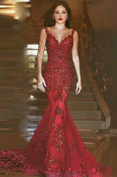 Burgundy Lace Applique Mermaid Evening Dress