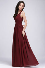 Burgundy Long V-Neck Sleeveless Chiffon Bridesmaid Dress Online-27dress