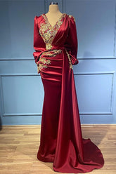 Burgundy Mermaid Long Sleeves Beads Ruffles Prom Dress With Appliques