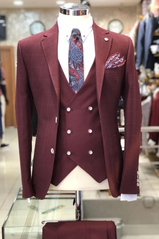 Notched Lapel Three Pieces Bespoke Plaid Burgundy Prom Suits