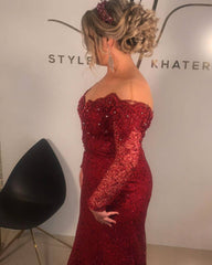 Burgundy Off-the-shoulder Mermaid Mother of the Bride Dress-27dress