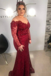 Burgundy Off-the-shoulder Mermaid Mother of the Bride Dress-27dress