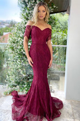 Burgundy Off the Shoulder Short Sleeves Mermaid Prom Dress With Applique