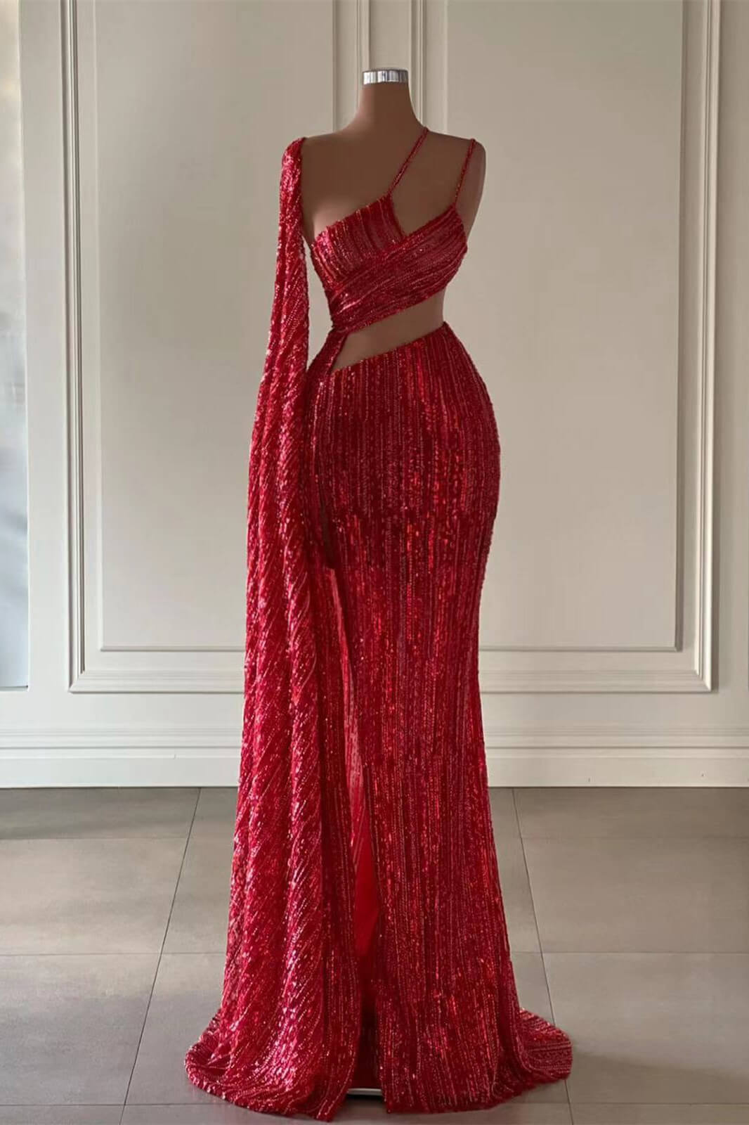 Burgundy One Shoulder Mermaid Prom Dress With Long Ruffles Sequins Split