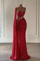 Burgundy One Shoulder Mermaid Prom Dress With Long Ruffles Sequins Split