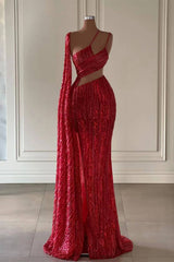Burgundy One Shoulder Mermaid Prom Dress With Long Ruffles Sequins Split