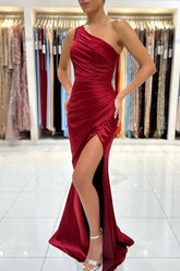 Burgundy One Shoulder Sleeveless Split Prom Dress Long Mermaid