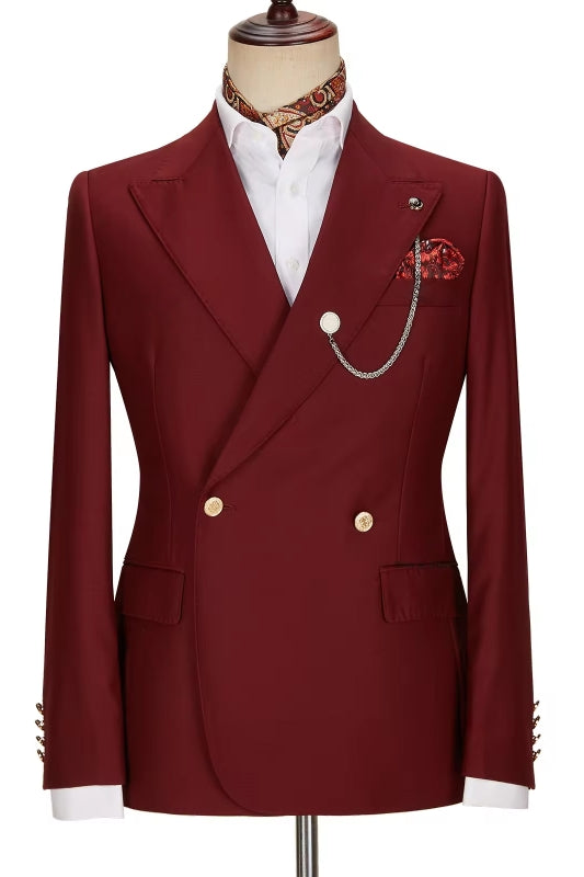Peaked Lapel Double Breasted Burgundy Prom Suits