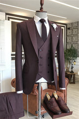 Burgundy Peaked Lapel Three Pieces Men Suits For Prom