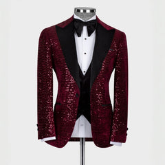 Peaked Lapel Three Pieces Sequins Burgundy Prom Suits