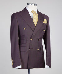 Plaid Double Breasted Best Fitted Men Burgundy Business Suits