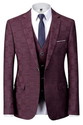 Plaid Notched Lapel Three Pieces Burgundy Prom Suits For Men