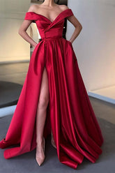 Burgundy Satin Off-the-Shoulder A-line Prom Dress with Pockets-27dress