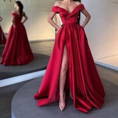Burgundy Satin Off-the-Shoulder A-line Prom Dress with Pockets-27dress