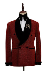 Sequins Double Breasted Burgundy Wedding Suits With Black Velvet Lapel