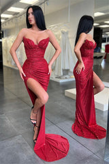 Burgundy Sequins Long Strapless Sleeveless Mermaid Prom Dress With Split