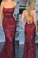 Burgundy Sequins Spaghetti Strap Sleeveless Backless Mermaid Prom Dress