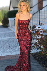 Burgundy Sequins Spaghetti Strap Sleeveless Backless Mermaid Prom Dress