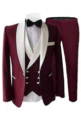 Shawl Lapel Three Pieces Burgundy Wedding Suits