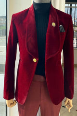 Shawl Lapel Two Pieces Slime Fit Velvet Burgundy Wedding Suits