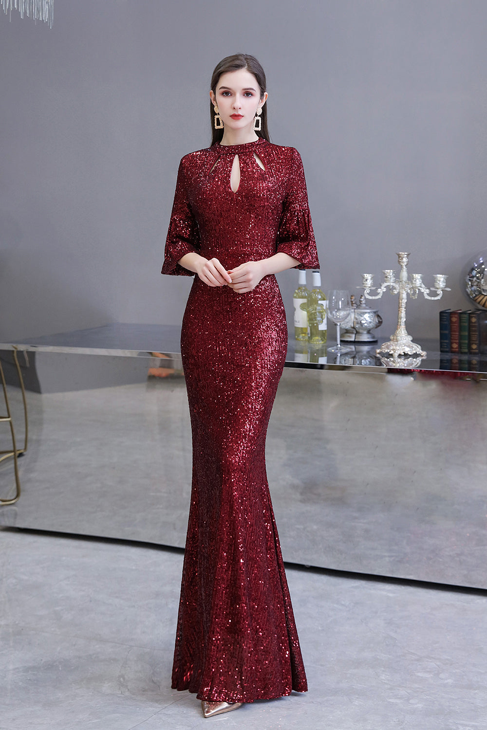 Burgundy Short Sleeves Sequined Long Formal Dress-27dress