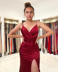 Burgundy Sleeveless Pleated Prom Dress Spaghetti Strap With Front Split