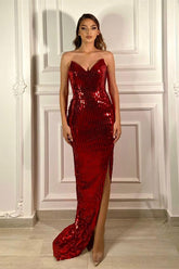 Burgundy Sleeveless Prom Dress V Neck Sequins Heary Mermaid