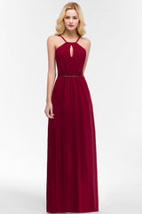 Burgundy Spaghetti Straps Long Bridesmaid Dress with Beading Sash-27dress
