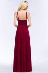 Burgundy Spaghetti Straps Long Bridesmaid Dress with Beading Sash-27dress