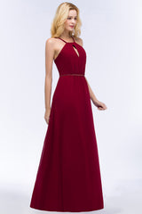 Burgundy Spaghetti Straps Long Bridesmaid Dress with Beading Sash-27dress
